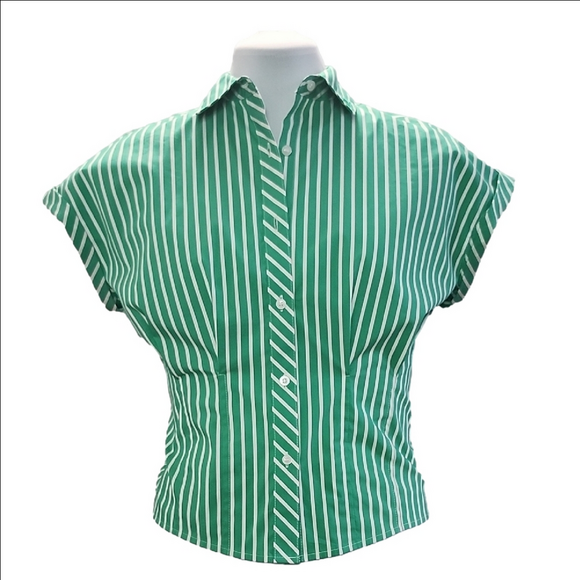 Karl Lagerfeld Tops - Karl Lagerfeld Green and White Striped Button-Down Shirt